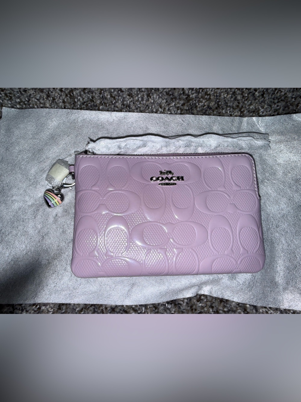 Coach purple leather corner zip wristlet with heart charm NWT